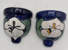 VTG Mexican Folk Art Talavera Callalilies Wall Pocket Sconces 5x6” picture