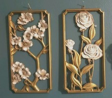 2 Vintage Wall Plaque 3D Art Floral Roses Hollywood Regency Decor 