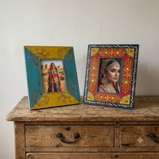 Lot of 2 Indian Hand Painted Wooden Photo Frames Boho Folk Art Rajasthani Decor picture