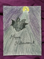 Vintage Style Halloween Greeting Card - Cute Gray Bat & Crescent Moon - Handmade picture
