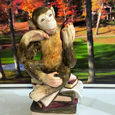 Vtg MCM Glazed Ceramic Monkey Figurine Sitting on Stack of Books Holding Mirror picture