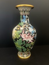 VTG Japanese Cloisonné Vase Black Enamel Brass Hummingbird Floral Vase Japan 10” picture