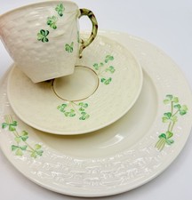 Vintage Irish Belleek Shamrock Basketweave Cup Saucer & Plate Trio Mixed Marks picture
