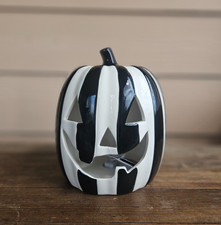 Black & White Striped Pumpkin Ceramic Lighted Mackenzie Style Jack O'Lantern picture