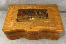 VTG Dovetail Wood Chest Jewelry Box Mirror Lined Carved Detail HUNT SCENE picture