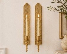 Pair Of VTG Antique Gold Metal Taper Candle Wall Sconces Hollywood Regency 21” picture
