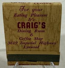 Vintage Craig's Dining Room Coffee Shop Lynwood California Unstruck Matchbook picture