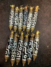 12Pcs (1Set) Tibetan Brass 12Animas Inlay Green Agate Dzi*9Eyed* Bead Pendants picture
