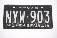 Authentic 1968 Texas HemisFair License Plate NYW 903 Vintage Black Expo Tag picture