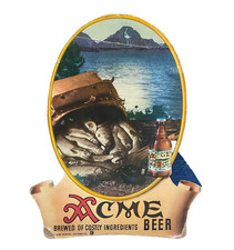 VTG  Acme Beer Cardboard Advertising Die Cut Sign Lake Fish Mountains California picture