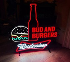 BUDWEISER BEER Bud And Burgers LIGHT UP LED SIGN GAME ROOM MAN CAVE NEW picture