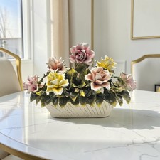 Vtg Large Italian Porcelain Rose Bouquet Basket Centerpiece Capodimonte 22.5” picture