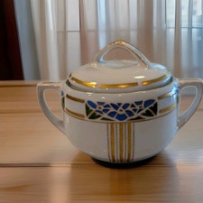 Antique 1911 MZ Austria Hand Painted Covered Sugar Bowl Signed E McC Gold picture