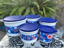 Tupperware Beautiful FLOWER Theme Stacking Canister Set/5 Blue/White NEW picture