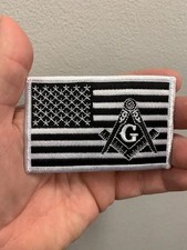 MASONIC LOGO U.S FLAG EMBROIDERED PATCH FREEMASON SQUARE COMPASS MASON WHITE picture