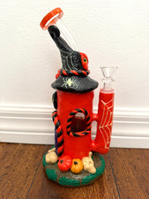 9.5” Premium Glass Water Pipe Halloween Witch Hut Glow in Dark 14mm picture