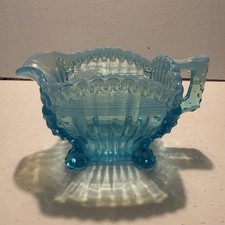 Northwood Blue Opalescent Glass Antique Alaskan Lions Leg Vintage Creamer 6”W 3” picture