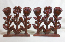 Pair Antique Japanned Cast Iron Floral Doorstops 3 Flower Blooms Half Round Base picture
