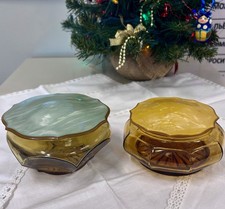 Vintage Art Deco Amber Glass Vanity Jars Set of 2 Celluloid Lids Green, Yellow. picture