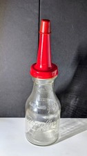 1936 Brookins Qt Glass Motor Oil Bottle Red Plastic Spout & Cap Ball Crank Rare  picture