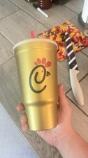 Chick-fil-A Gold Reusable Advertising Cup w/ Lid & Straw  picture
