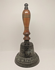 Vintage Large Brass Captain's Bell Wood Handle Nautical Ship Hand Bell picture