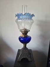 Antique Art Nouveau Duplex Oil Lamp Cobalt Blue Swirl Font Cast Iron Base 21