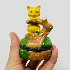 Trinket Box Cat Kitten Ginger Tomcat Figurine Tree Oak Hinge Storage Porcelain picture