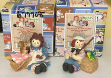 Raggedy Ann Picnic & Raggedy Andy Fishing Basket Figurines w/ Lids Boxes Enesco picture
