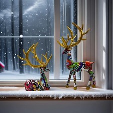 Cute Resin Reindeer Tabletop Decor 2 Piece Christmas Deer Figurine Set New picture