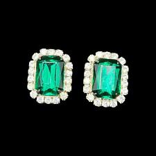 Vtg Large EMERALD CUT GREEN Rhinestone Clip-on EARRINGS Clear Surround Unsigned picture