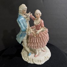 Vintage Porcelain Dancing Couple Figurine Pink Dress Blue Suit Gold Lace 9” picture