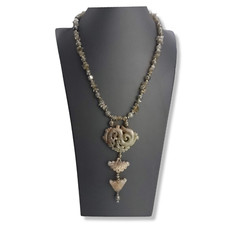 VTG Chinese Dragon Necklace Carved Brown Jade Pendant Moonstone Beads Amulet 20