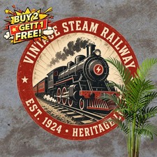 Historic Railroad Locomotive 8x8 Round Metal Plaque Vintage Train Tin Sign Decor picture