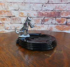 RARE 1920's Art Deco Black Glass Ashtray with Chrome Scottie Dog 4.5