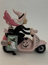 Halloween Witch Riding Pink Motorcycle Scooter Pink Pumpkin Black Cat Figurine picture