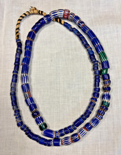 Vtg Venetian Glass Trade Bead Necklace Blue Chevron 111 Tube Beads 26