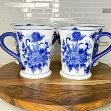 Vtg Cracker Barrel Cobalt Blue & White Mug Cup Blue Style Floral 16 Oz set of 4 picture