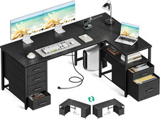 55 Inch L Shaped Office Desk with 6 Drawers, Power Outlet, Black | 5 Fabric Draw picture