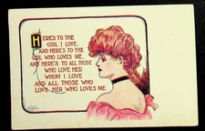 Early 1900's Here's To The Girl I Love Romantic Greeting Postcard -V-97 picture