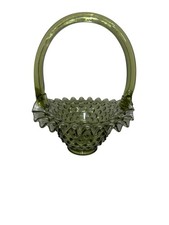 Vintage Fenton Hobnail Green Art Glass Basket Crimped Edge 8x6” picture