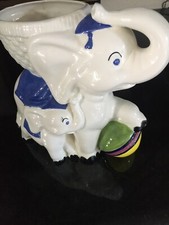 Elephant With Baby Elephant Trunks Up Lucky Planter Glazed Pottery Ceramic picture