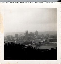 Pittsburgh PA Skyline & Suspension Bridge c1950s Photograph Scalloped Edge picture