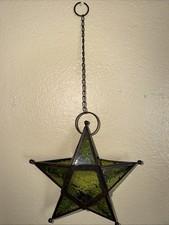 VTG Boho 10” Green Stained Glass Hanging 5 Point Star Tea Light Candle Holder picture