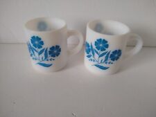 Pair of Hazel Atlas Blue Cornflower milk glass mugs kitchen cups collectible picture