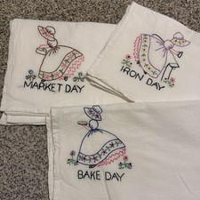 Set 3 Vtg Kitchen Dish Towels Market, Bake, Iron Cotton Embroidered Floral/Dishe picture