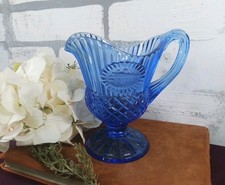 Vint Cobalt Blue Pitcher Avon Mt Vernon Medallion Ribbed / Diamond Cottage Core picture