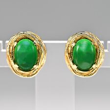 Vintage Original Designer Jadeite Cabochon Emerald Brush Gold Estate Earrings picture