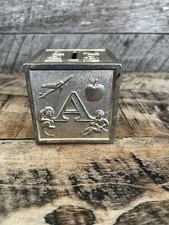 Raimond Silver Plate ABCD Childs Piggy Bank Coins Metal Japan Vintage Kids Decor picture