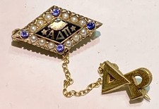 Vtg 10K Gold Alpha Delta Pi Sorority Pin, Pearls, Blue Stones and Chapter Guard picture
